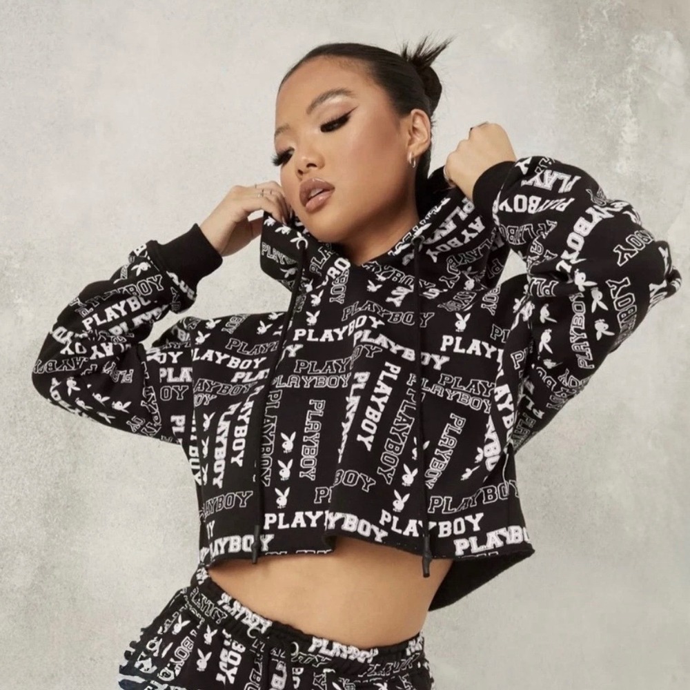 Playboy x Missguided Black Cropped Logo Hoodie Bunny Print US 4 Small